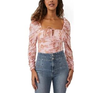 Free People Hilary Printed Floral Smocked Top in Pink Combo
